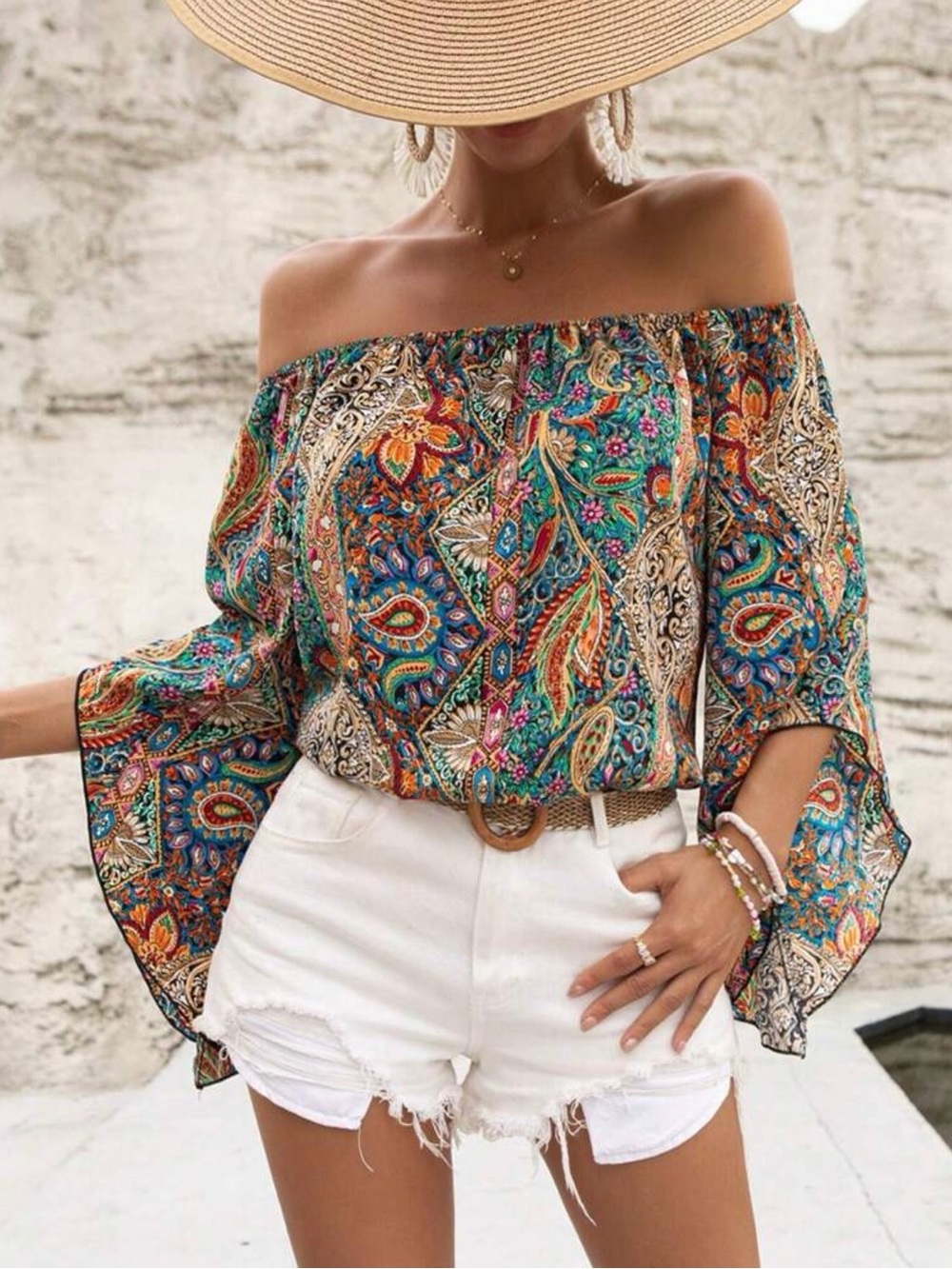 NWOT Bohemian Off-Shoulder Paisley Women's Top in Teal Multi Small